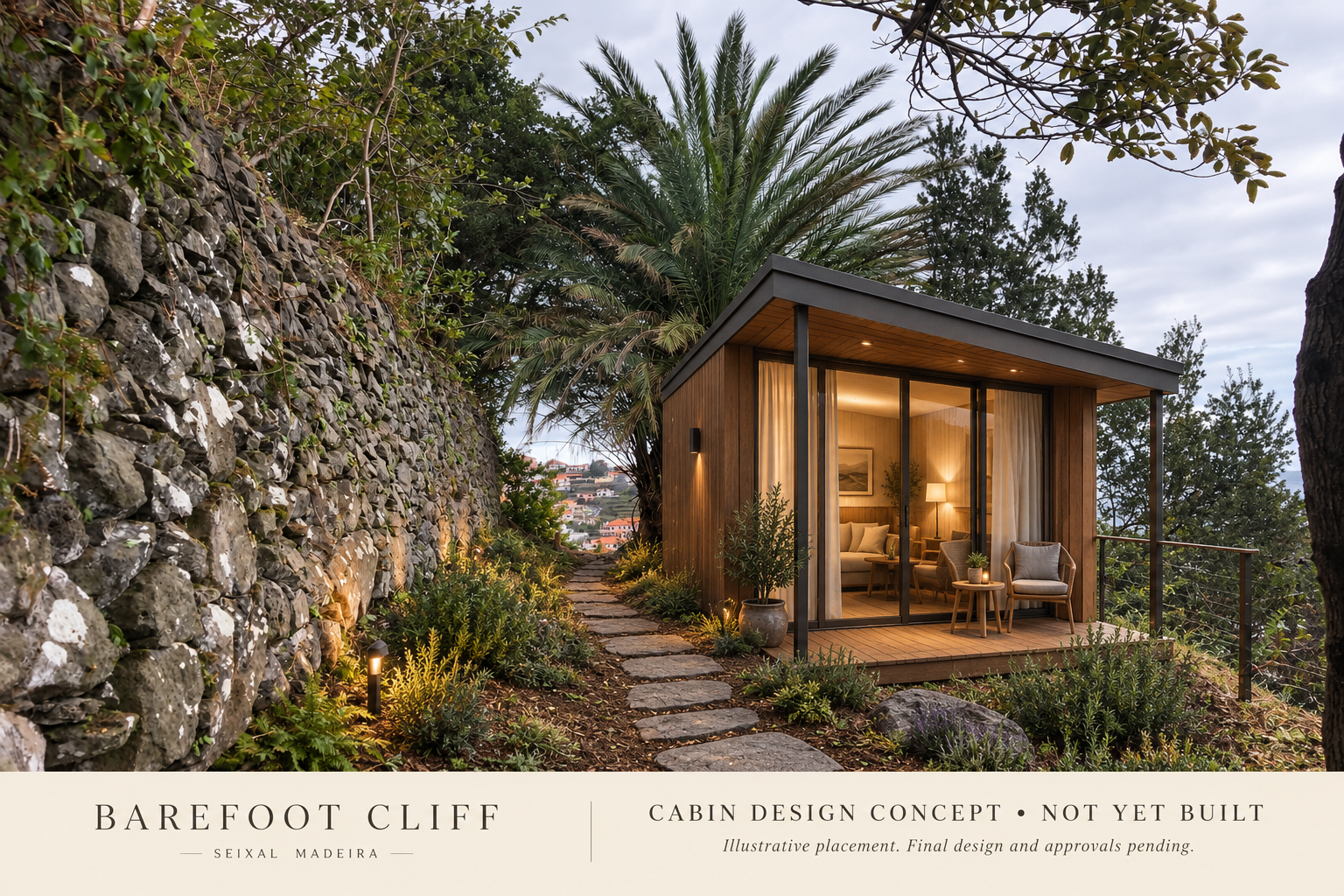 Exterior concept · illustrative placement, not an approved site plan.